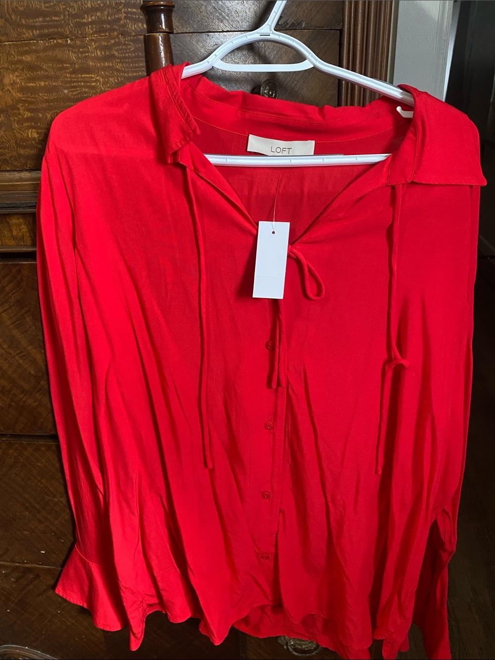 LOFT Bright Red Button-Front Tie-Neck Blouse